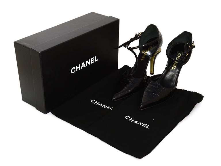 CHANEL Black Python T Strap Shoes Sz 40 4