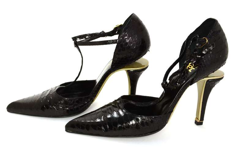 CHANEL Black Python T Strap Shoes Sz 40 at 1stDibs