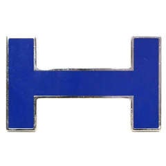 Hermes Cobalt Blue Enamel H 32mm Belt Buckle w. Palladium Trim