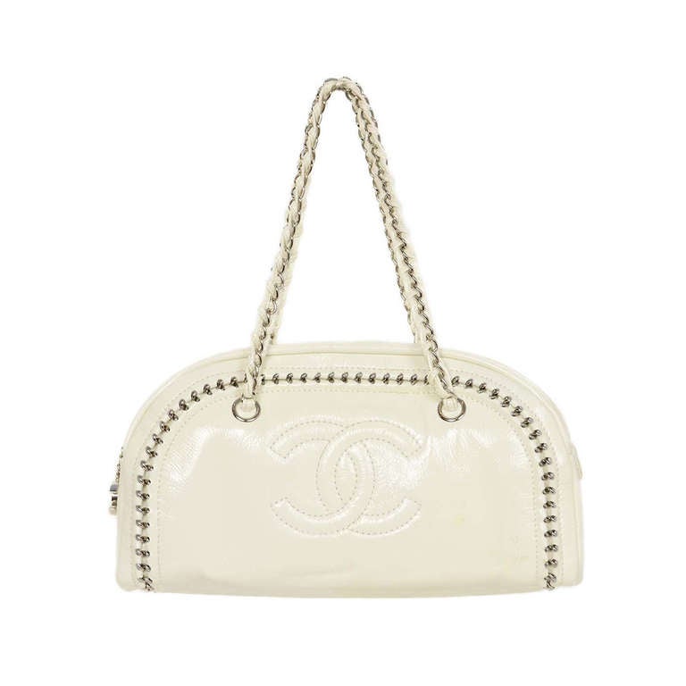 Chanel Off White Patent Leather Luxe Ligne Chain Bowler Bag