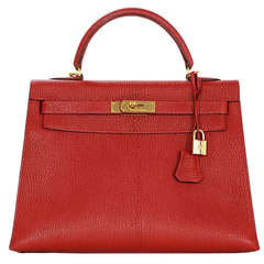 Hermes 2004 Red Chevre Leather 32cm Rigid Kelly Bag W. Strap