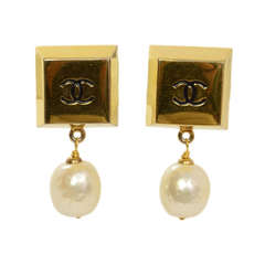 Chanel Goldtone Square CC Clips w/ Hanging Pearl c. 1987