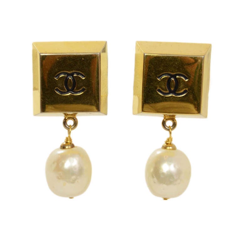 Chanel Goldtone Square CC Clips w/ Hanging Pearl c. 1987