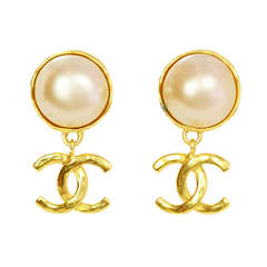 Vintage Chanel Faux Pearl Clip Earrings w/ Hanging CCs c. 1993