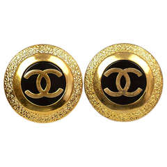 Chanel 1993 Extra Large Gold & Black CC Circular Clip on Earrings