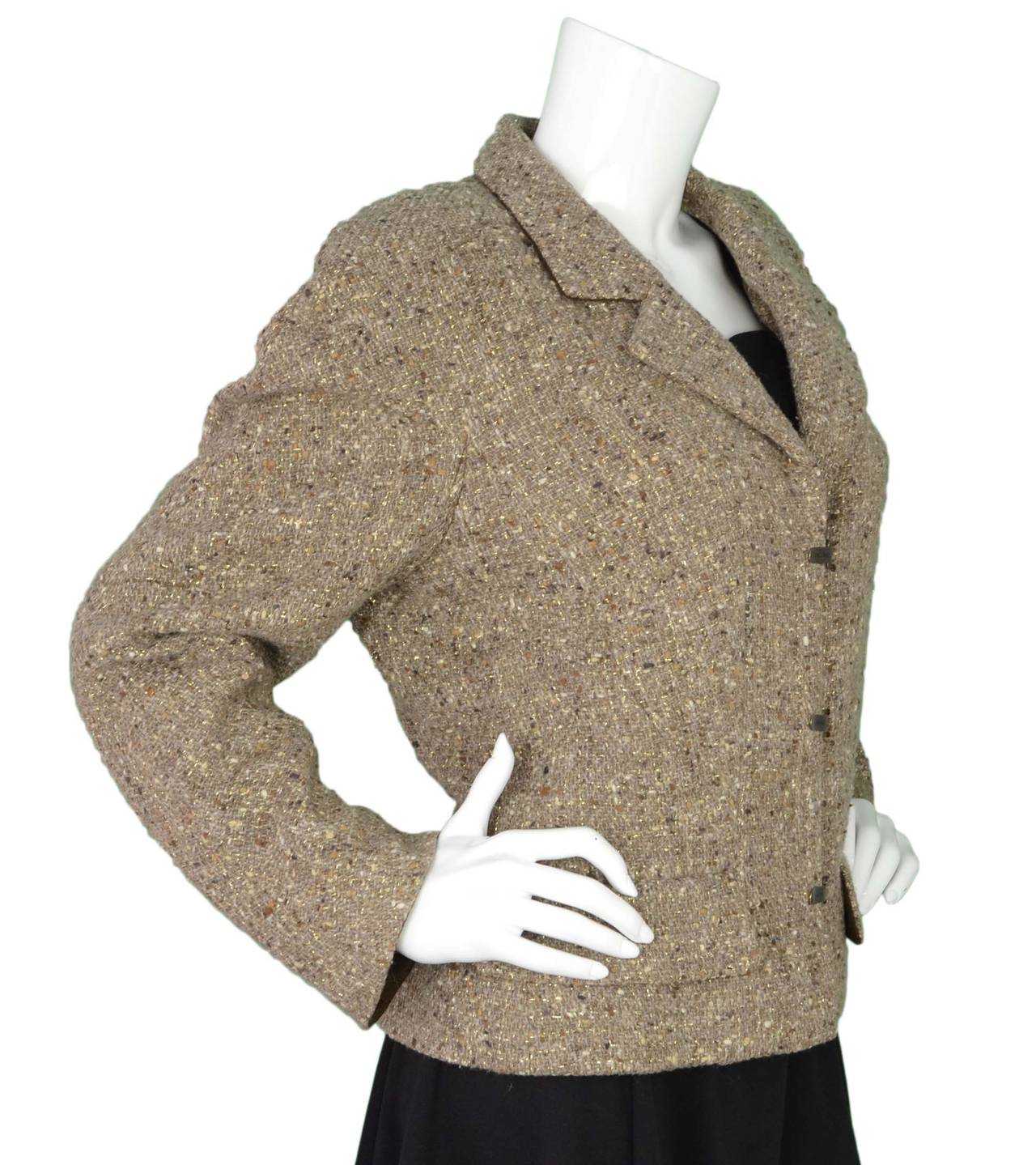 Chanel Vintage '99 Metallic Tweed Boucle Cropped Jacket
Features metallic threading throughout
Made in: France
Year of Production: 1999
Color: Brown, tan, beige, gold and copper
Composition: 87% wool, 13% nylon, 
Lining: Champagne, 95% silk,