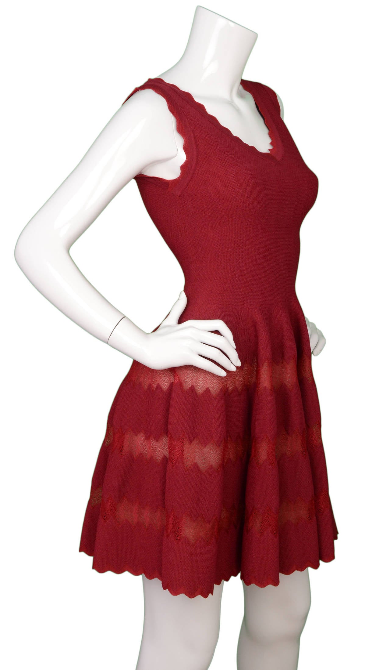 Alaia Burgundy Scalloped Skater Dress
Features zig zag design throughout
Made in: Italy
Color: Burgundy
Composition: 50% viscose, 40% silk, 10% polyester
Lining: Nude, 100% silk
Closure/opening: Back center zip up
Exterior Pockets: