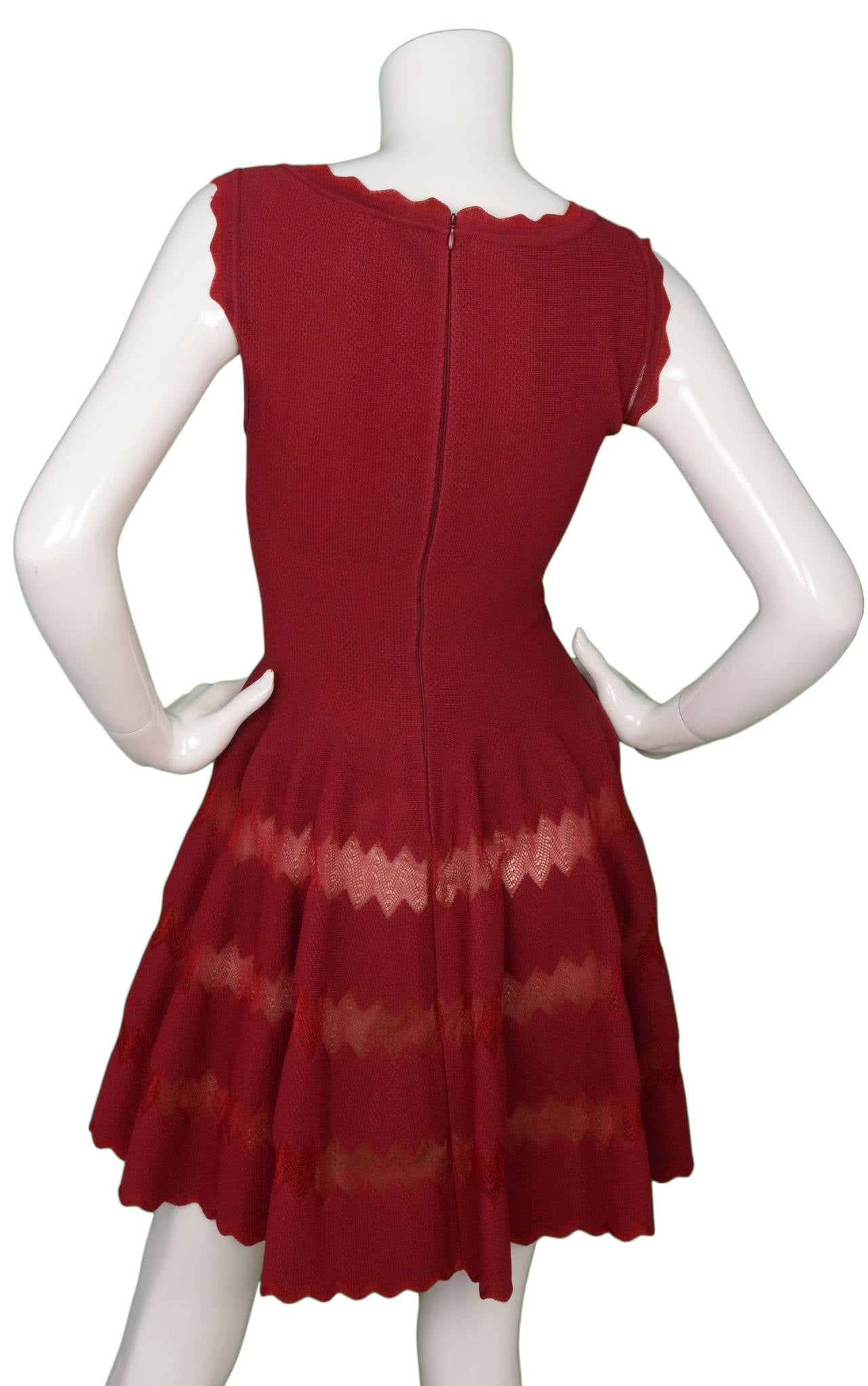 ALAIA Burgundy Scalloped Skater Dress sz 36 In Excellent Condition In New York, NY