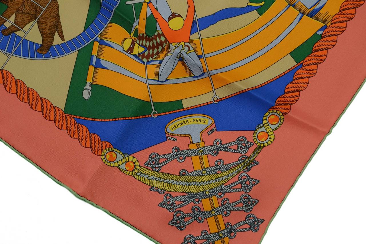 HERMES Coral & Blue Circus 70cm Silk Scarf In Excellent Condition In New York, NY