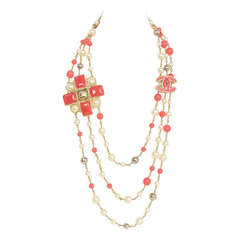 Chanel Peach and Ivory Multi-Strand Pearl & Enamel Maltese Cross Necklace 10