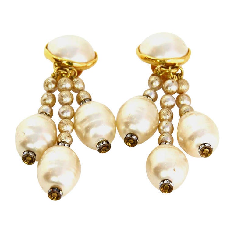 CHANEL Faux Pearl Clip On Earrings W/3 Hanging Strands of Pearls For