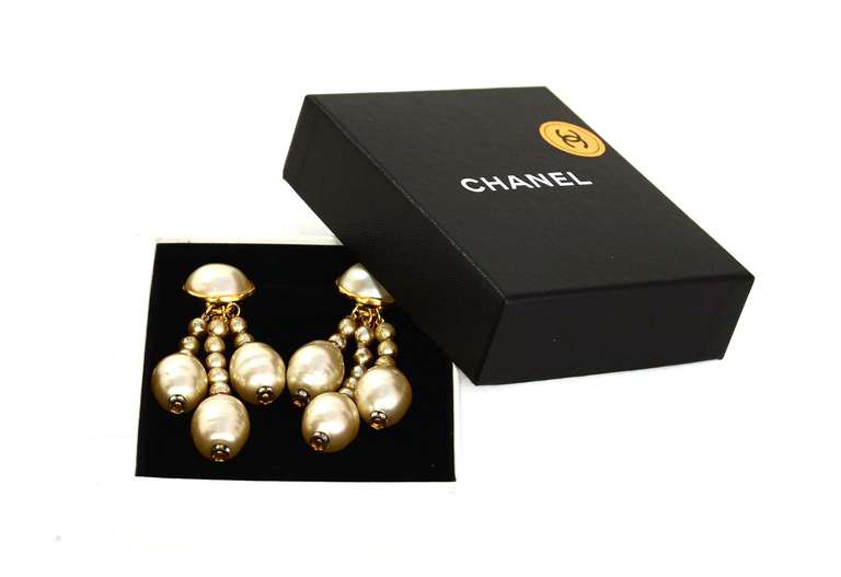 CHANEL Faux Pearl Clip On Earrings W/3 Hanging Strands of Pearls 1