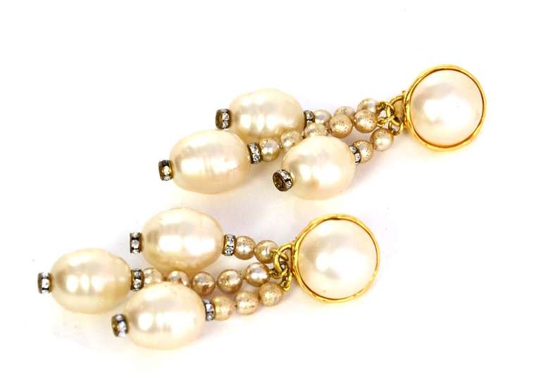 CHANEL Faux Pearl Clip On Earrings W/3 Hanging Strands of Pearls For