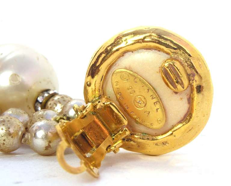 CHANEL Faux Pearl Clip On Earrings W/3 Hanging Strands of Pearls In Good Condition In New York, NY
