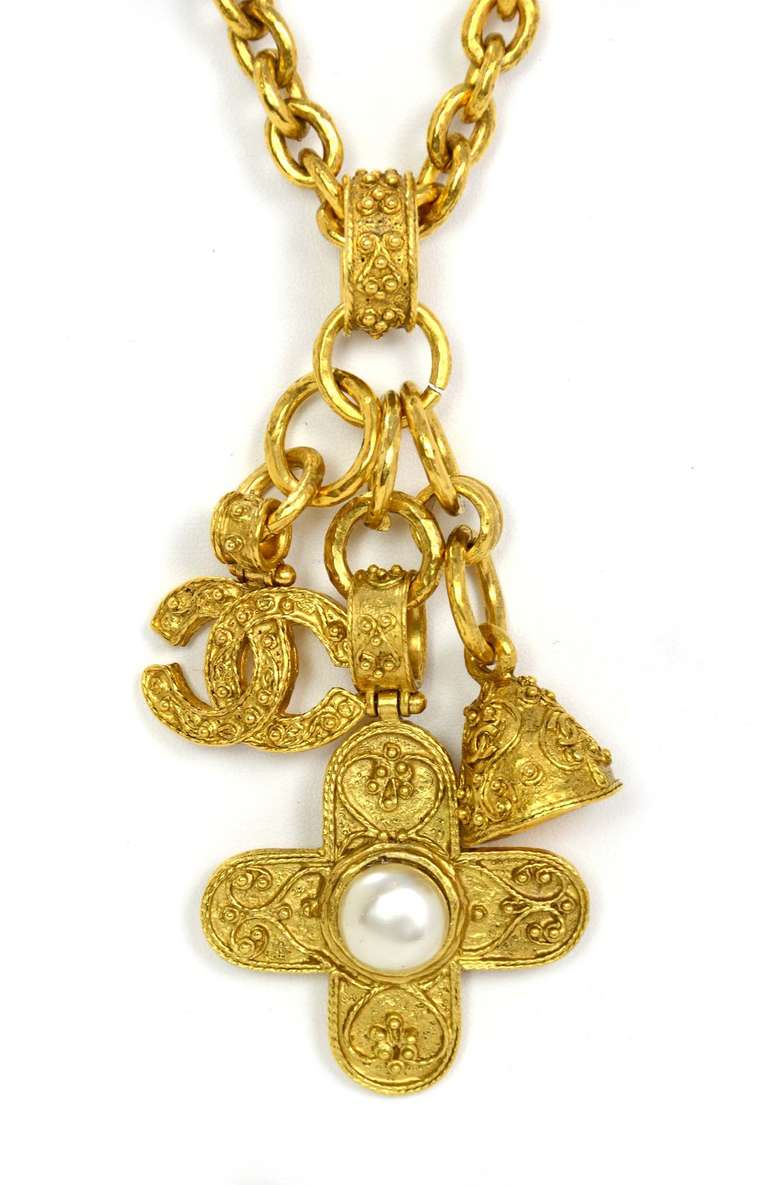 CHANEL Goldtone Necklace W/Cross, Bell and CC In Excellent Condition In New York, NY