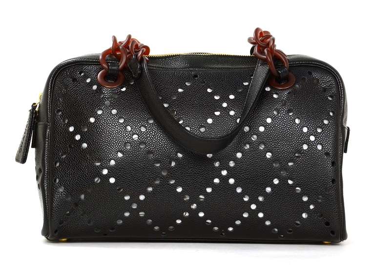 Chanel Black Caviar Perforated Quilted Bowler Bag In Excellent Condition In New York, NY