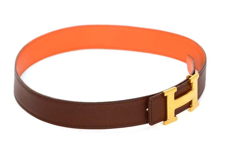 Hermes Orange/Brown Reversible 32MM H Belt

    Age: c. 1997
    Made in France
    Materials: leather, goldtone metal
    Date stamp: A in a square
    Stamped 