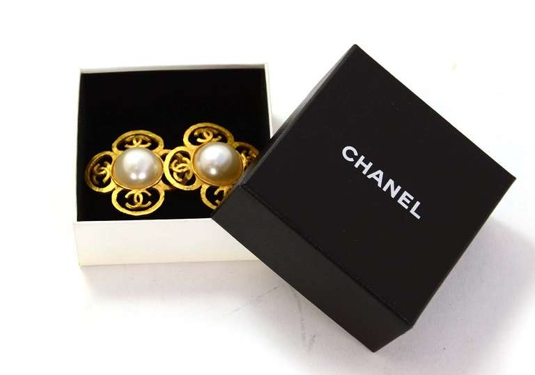 Chanel Faux Pearl & Goldtone Flower Clip Earrings w. CCs c.'95 1