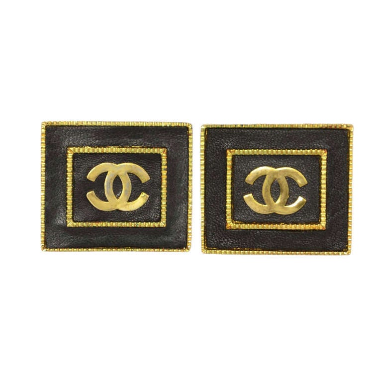CHANEL Vintage '87 Black Leather Rectangle Clip On Earrings