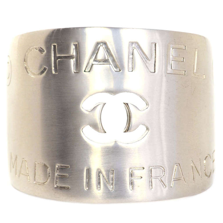 CHANEL Silvertone Logo Cuff W/Cutout CC