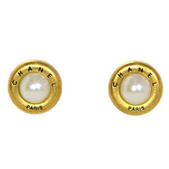 CHANEL Faux Pearl Clip On Earrings W/"CHANEL PARIS" Border Vintage CHANEL Faux Pearl Clip On Earrings W/"CHANEL PARIS" Border