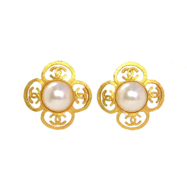 Chanel Faux Pearl & Goldtone Flower Clip Earrings w. CCs c.'95