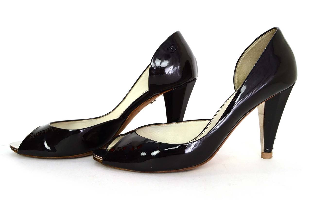 CHANEL Black Patent Peep-Toe Pumps sz 36.5 For Sale at 1stDibs