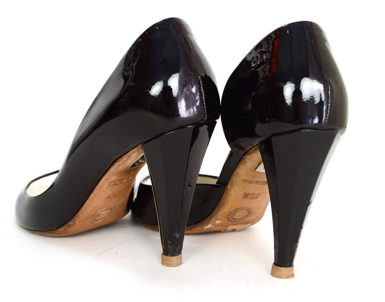 Women's CHANEL Black Patent Peep-Toe Pumps sz 36.5