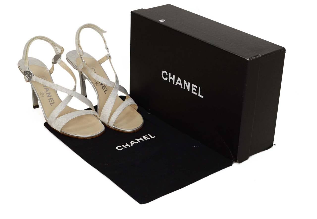 CHANEL Silver Fabric Strappy Evening Sandals sz 36.5 3