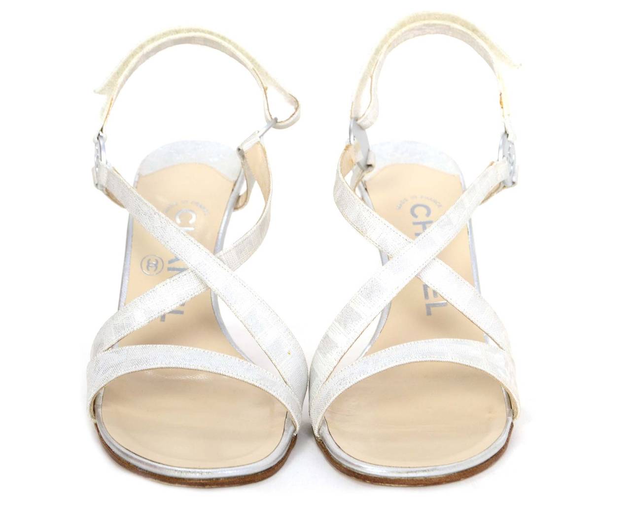 CHANEL Silver Fabric Strappy Evening Sandals sz 36.5 In Excellent Condition In New York, NY