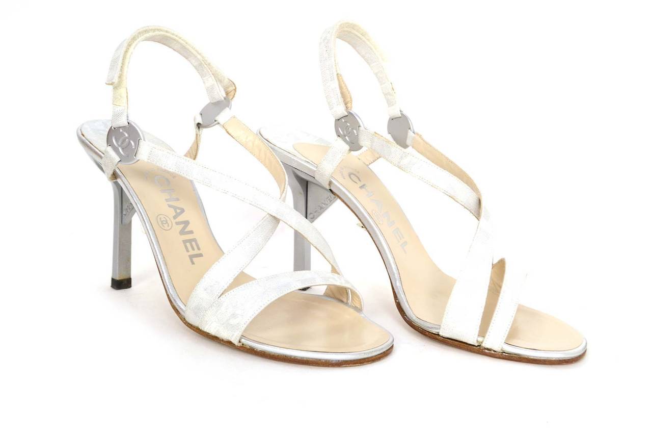Women's CHANEL Silver Fabric Strappy Evening Sandals sz 36.5