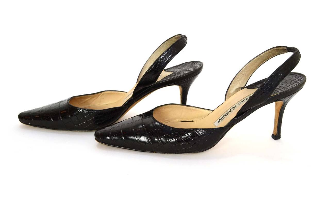 MANOLO BLAHNIK Black Crocodile Slingback Pumps sz 35.5