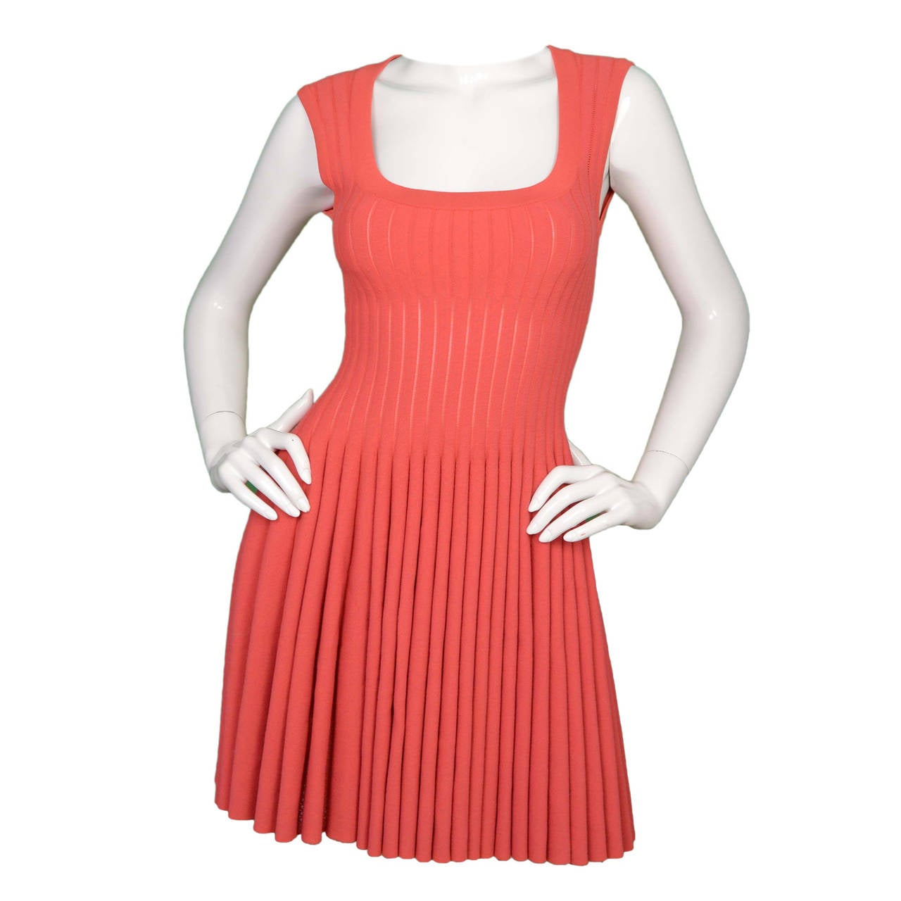 ALAIA Coral Sleeveless Ribbed Fit Flare Dress sz 38