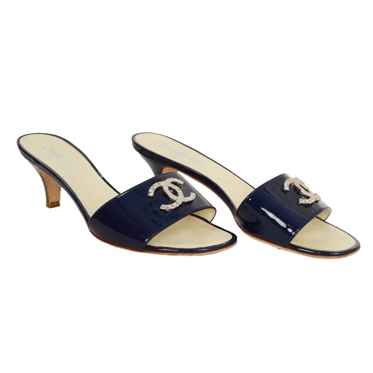 CHANEL Navy Patent Mule Sandals sz 38