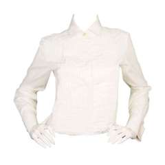 CHANEL White Cotton Longsleeve Tuxedo Blouse W/Pearl CC Button Sz Small