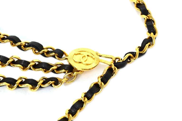 Black leather laced belt with two CC medallions between 3 tiers. CC medallion attached to end of belt.
Features hook closure that can be adjusted accordingly
Stamped 