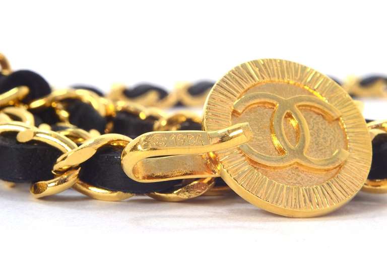 Women's Chanel Vintage 1984 Black Leather Laced Goldtone 3 Strand Chain Belt w. CCs
