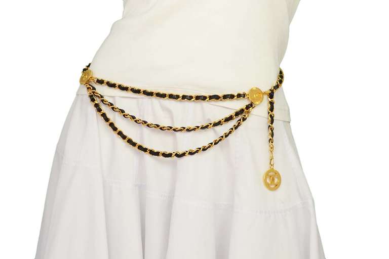 Chanel Vintage 1984 Black Leather Laced Goldtone 3 Strand Chain Belt w. CCs 1