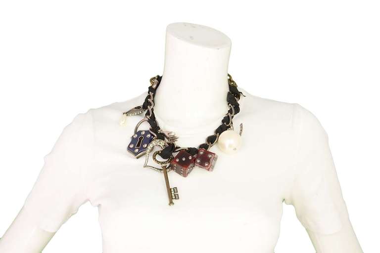 Lanvin Ribbon & Chain Lucky Charm Necklace w. Faux Pearl, Dice & Evil Eye 6