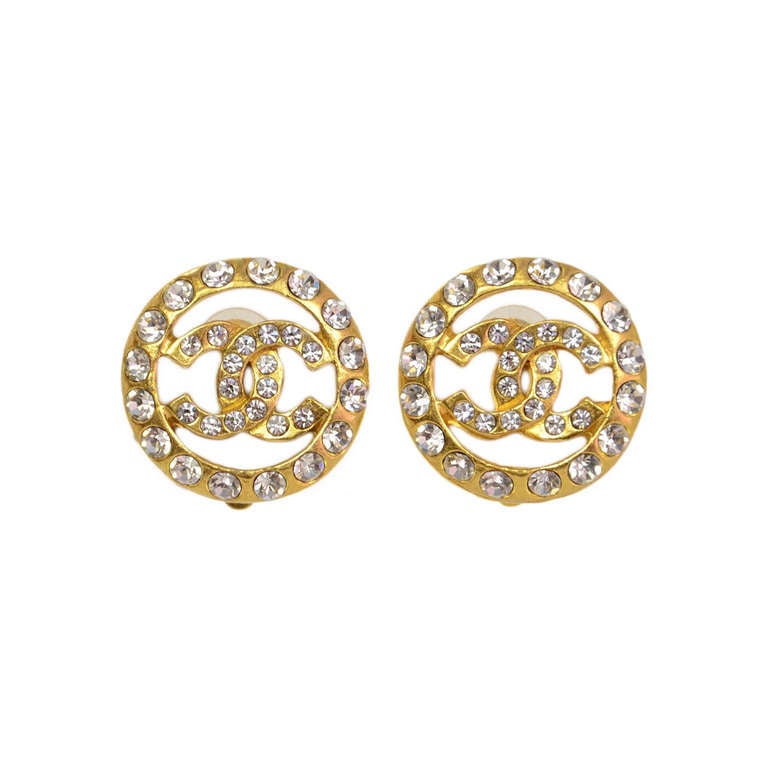 Chanel 1970's Vintage Strass Crystal CC Clip On Earrings