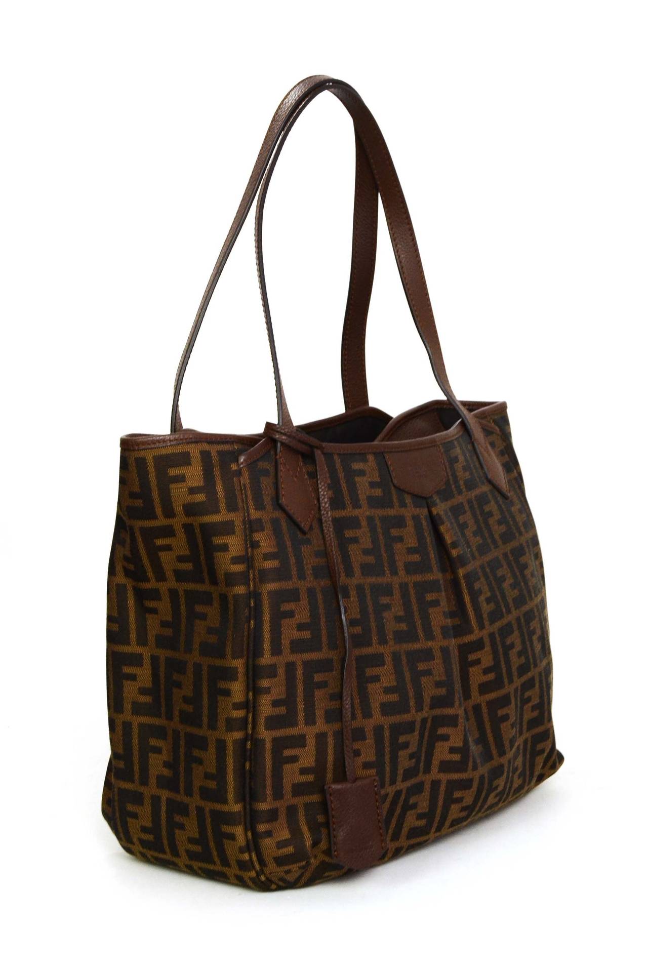 FENDI &#39;15 Brown Zucca Canvas & Brown Leather Medium Shopping Tote Bag image 2