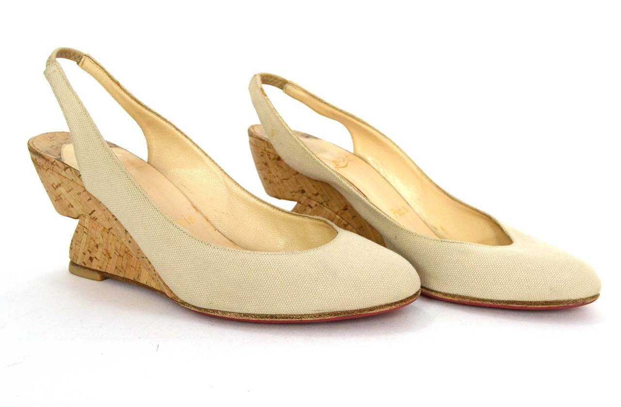 Women's Christian Louboutin Nude Canvas Slingback Cut-Out Wedges