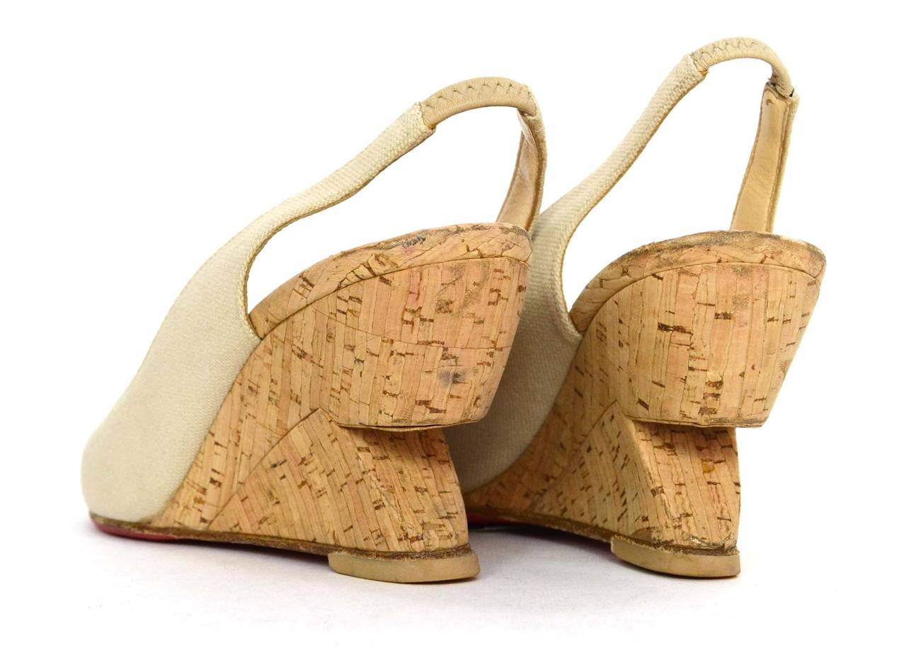 Christian Louboutin Nude Canvas Slingback Cut-Out Wedges 1