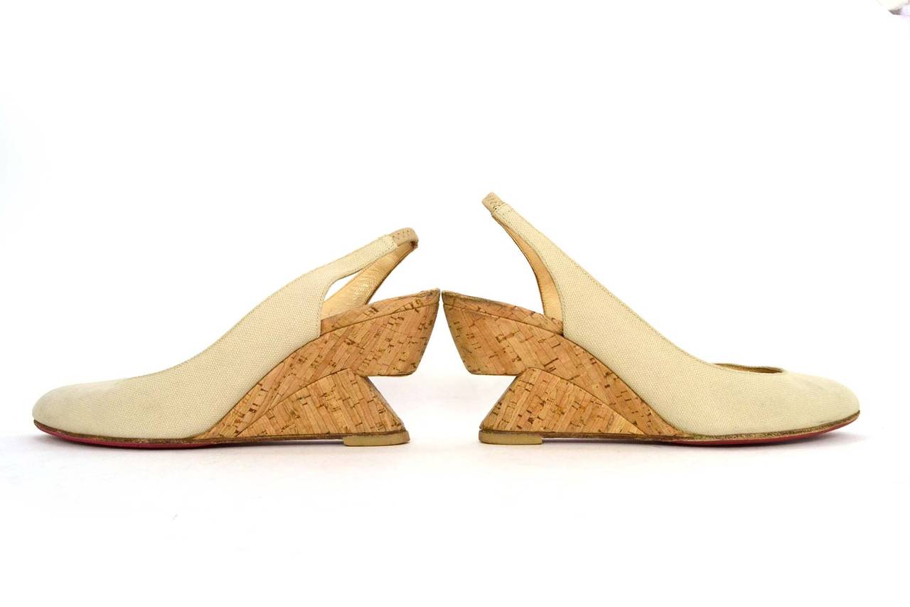 Christian Louboutin Nude Canvas Slingback Cut-Out Wedges 2
