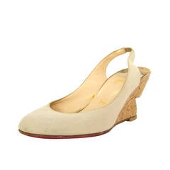 Christian Louboutin Nude Canvas Slingback Cut-Out Wedges