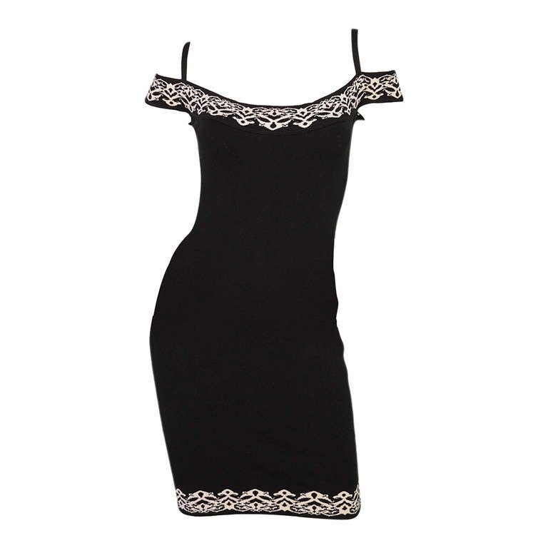 Alaia Vintage Black/White Bodycon Stretch Off the Shoulder Dress sz.Small