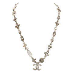 Chanel 1999 Silvertone Logo Cross and CC Charm Chain Necklace