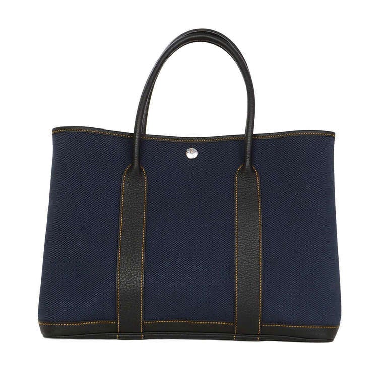 Hermes 2012 Navy Blue Canvas/leather Medium Garden Party Tote Bag