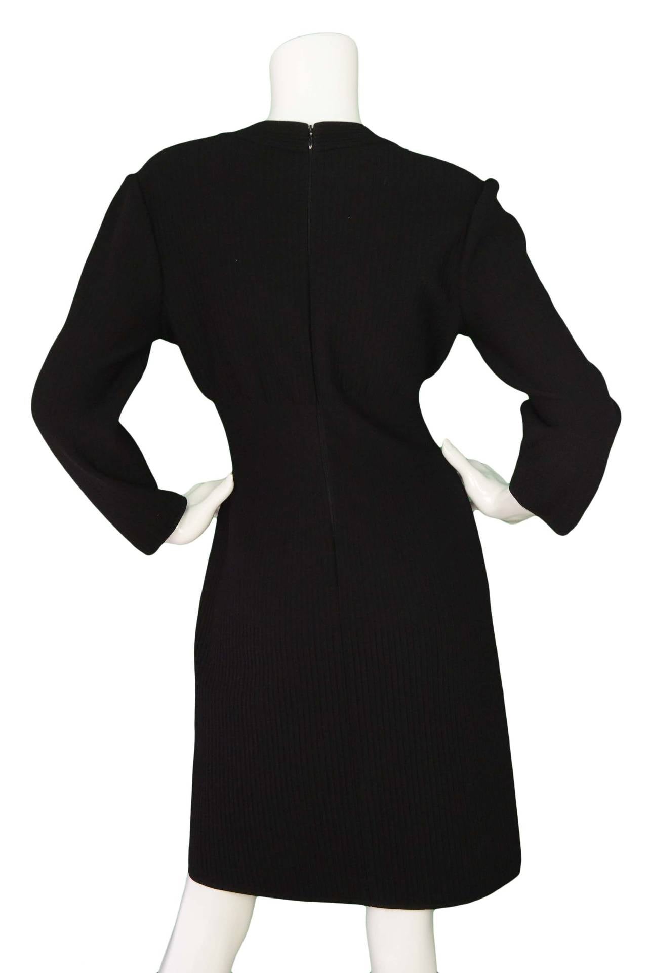 ALAÏA Black Ribbed Wool 3/4 Sleeve V-Neck Dress sz 42 In Excellent Condition In New York, NY