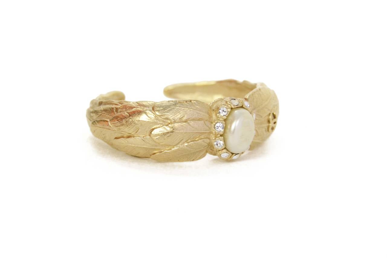 Chanel Pale Gold Pearl Cuff Bracelet & Clip On Earrings Set In Excellent Condition In New York, NY